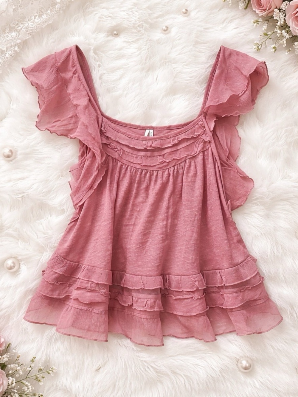 Anthropologie Rose Ruffle Flutter Sleeve Tunic